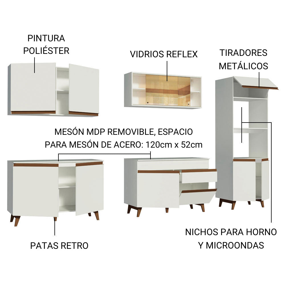 Cocina Integral Modular Reims Blanco 310x210cm con Mesón de Madera Aglomerada Mdp sin Estufa con Un Cajón y con Dieciocho Entrepaños - COCINAS | Bylmo