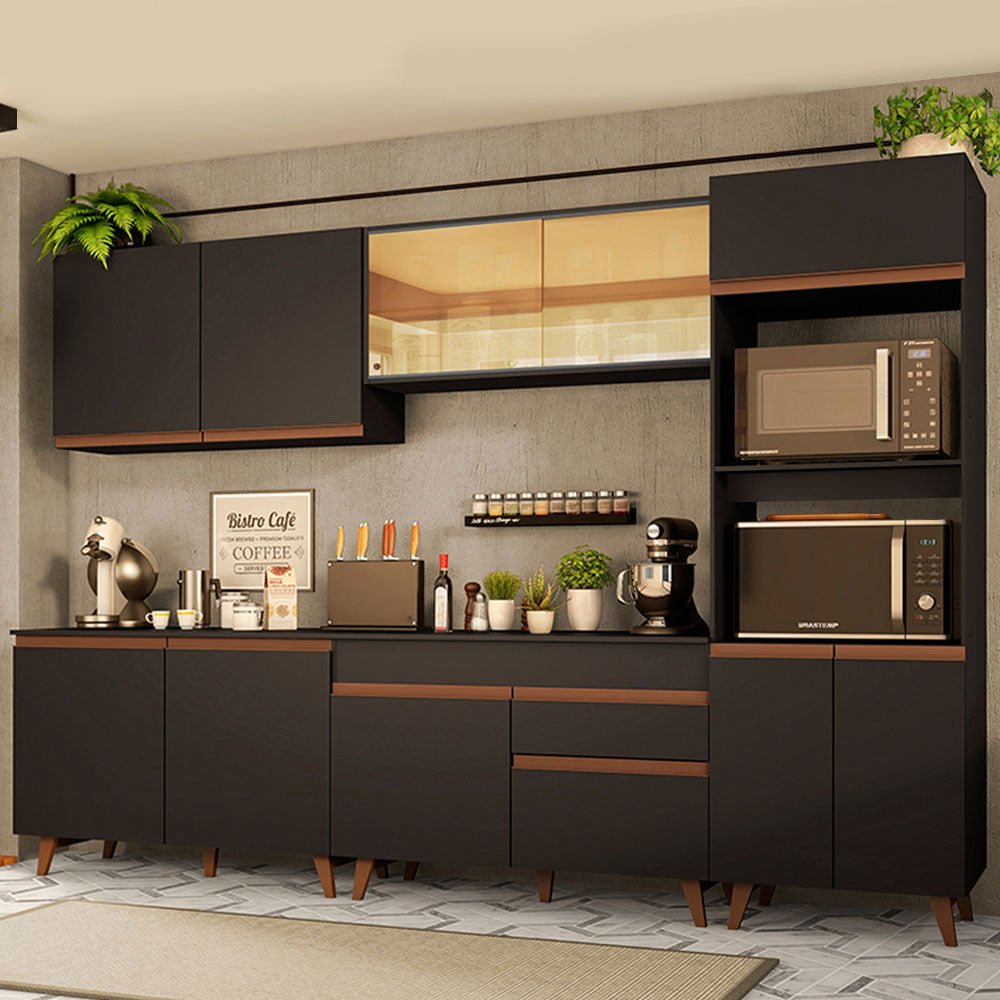 Cocina Integral Modular Reims Negro 310x210cm con Mesón de Madera Aglomerada Mdp sin Estufa con Un Cajón y con Dieciocho Entrepaños - COCINAS | Bylmo