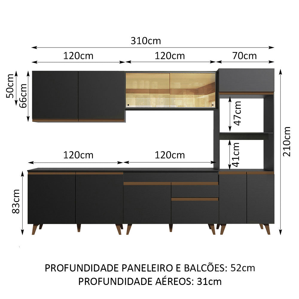 Cocina Integral Modular Reims Negro 310x210cm con Mesón de Madera Aglomerada Mdp sin Estufa con Un Cajón y con Dieciocho Entrepaños - COCINAS | Bylmo