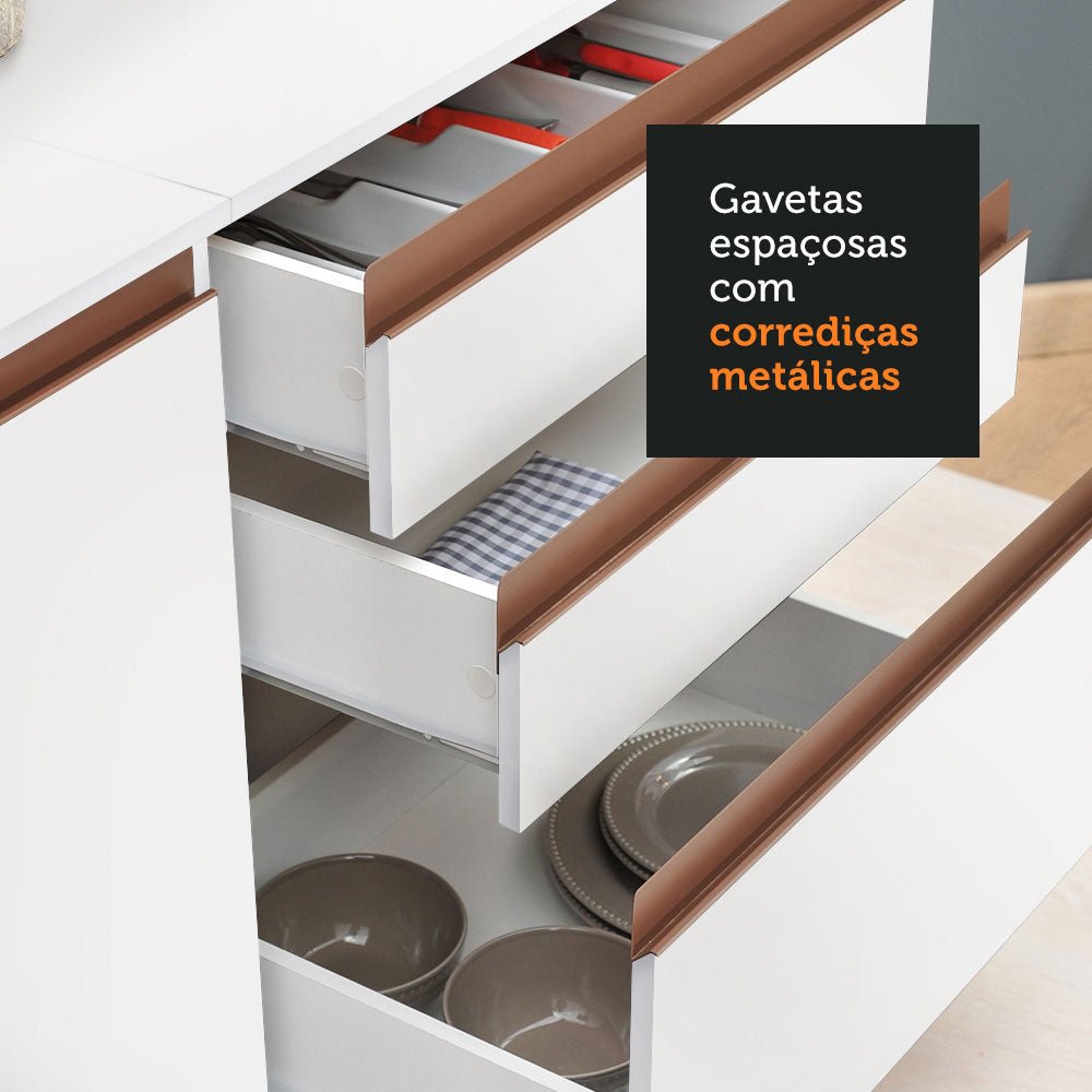 Cocina Integral Modular Reims Blanco 320x210cm con Mesón de Madera Aglomerada Mdp sin Estufa con Tres Cajones y con Quince Entrepaños - COCINAS | Bylmo