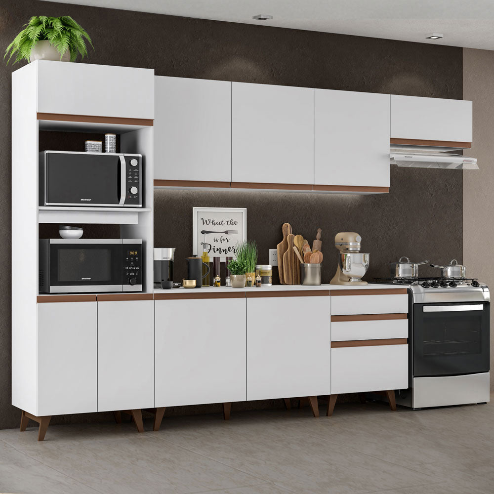 Cocina Integral Modular Reims Blanco 320x210cm con Mesón de Madera Aglomerada Mdp sin Estufa con Tres Cajones y con Quince Entrepaños - COCINAS | Bylmo