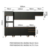 Cocina Integral Modular Reims Negro 320x210cm con Mesón de Madera Aglomerada Mdp sin Estufa con Tres Cajones y con Quince Entrepaños - COCINAS | Bylmo