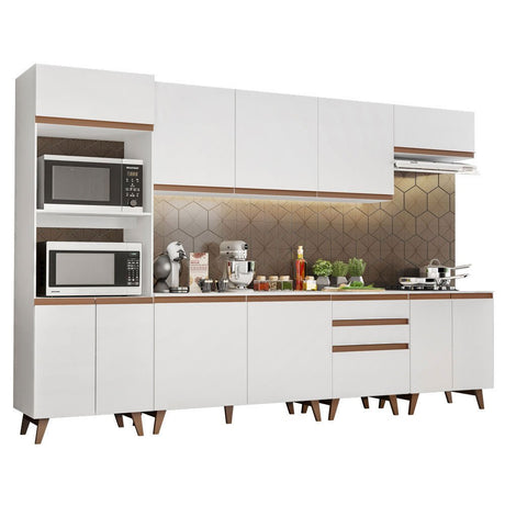 Cocina Integral Modular Reims Blanco 320x210cm con Mesón de Madera Aglomerada Mdp sin Estufa con Tres Cajones y con Diecisiete Entrepaños - COCINAS | Bylmo