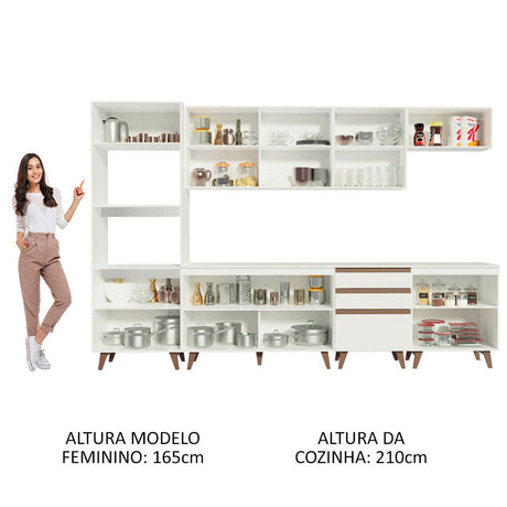 Cocina Integral Modular Reims Blanco 320x210cm con Mesón de Madera Aglomerada Mdp sin Estufa con Tres Cajones y con Diecisiete Entrepaños - COCINAS | Bylmo
