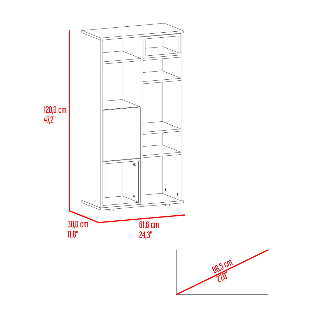 Biblioteca Momi Bardolino y Blanco 61.6x120cm Rectangular con Ocho Compartimientos y Seis Entrepaños - BIBLIOTECAS Y ESTANTERIAS | Bylmo