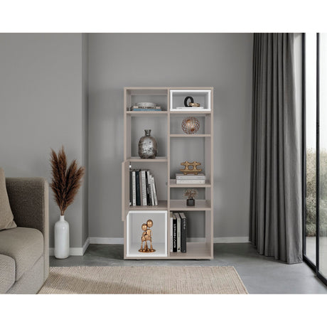 Biblioteca Momi Bardolino y Blanco 61.6x120cm Rectangular con Ocho Compartimientos y Seis Entrepaños - BIBLIOTECAS Y ESTANTERIAS | Bylmo