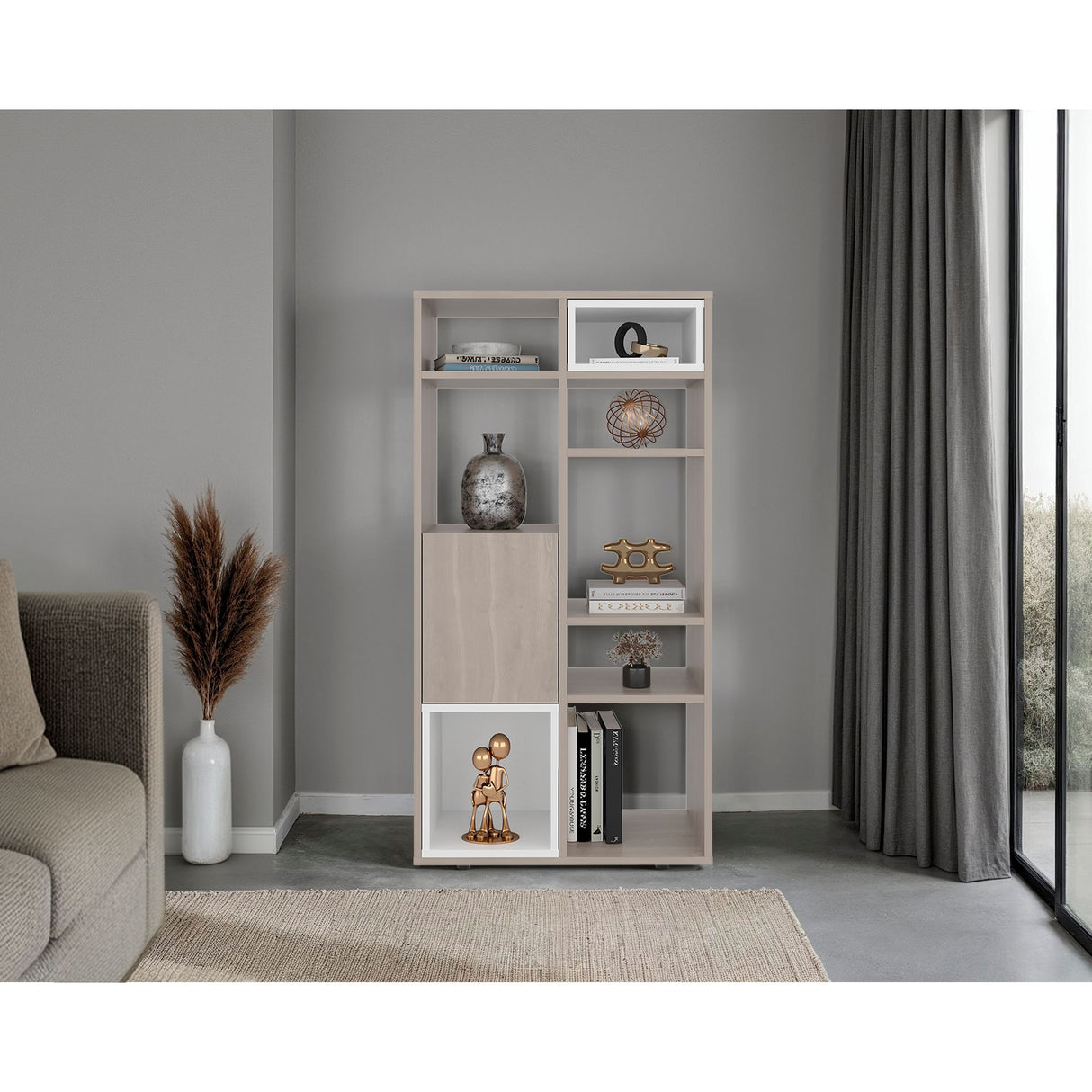 Biblioteca Momi Bardolino y Blanco 61.6x120cm Rectangular con Ocho Compartimientos y Seis Entrepaños - BIBLIOTECAS Y ESTANTERIAS | Bylmo