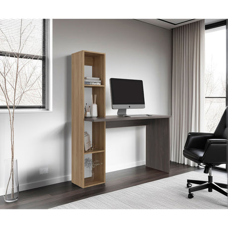 Escritorio con Biblioteca Aston Fresno Europeo y Carbón 120.3x145.8cm sin Cajones - ESCRITORIOS | Bylmo