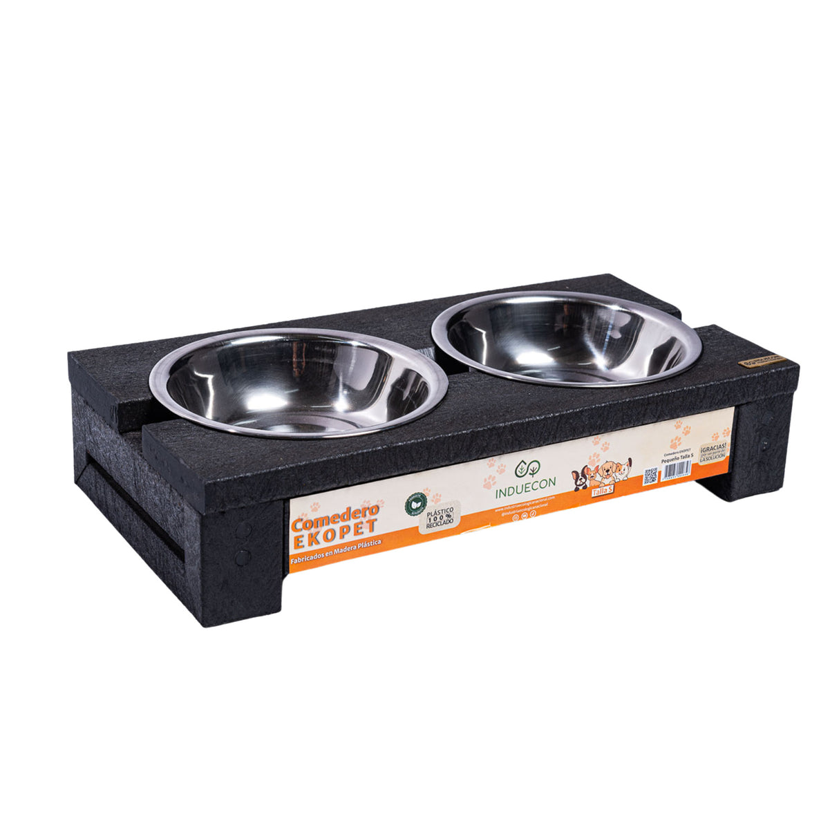 Comedero Ekopet Negro 38x8cm con Dos Tazones y para Mascotas Pequeñas - COMEDEROS PARA MASCOTAS | Bylmo