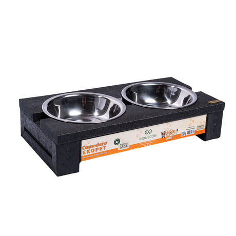 Comedero Ekopet Negro 38x8cm con Dos Tazones y para Mascotas Pequeñas - COMEDEROS PARA MASCOTAS | Bylmo