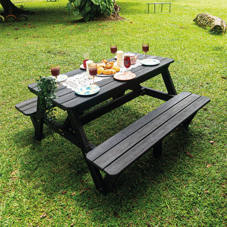Mesa de Picnic Eucalipto Negro 150x75cm Rectangular de Seis Puestos con Dos Sillas - MESAS DE EXTERIOR | Bylmo