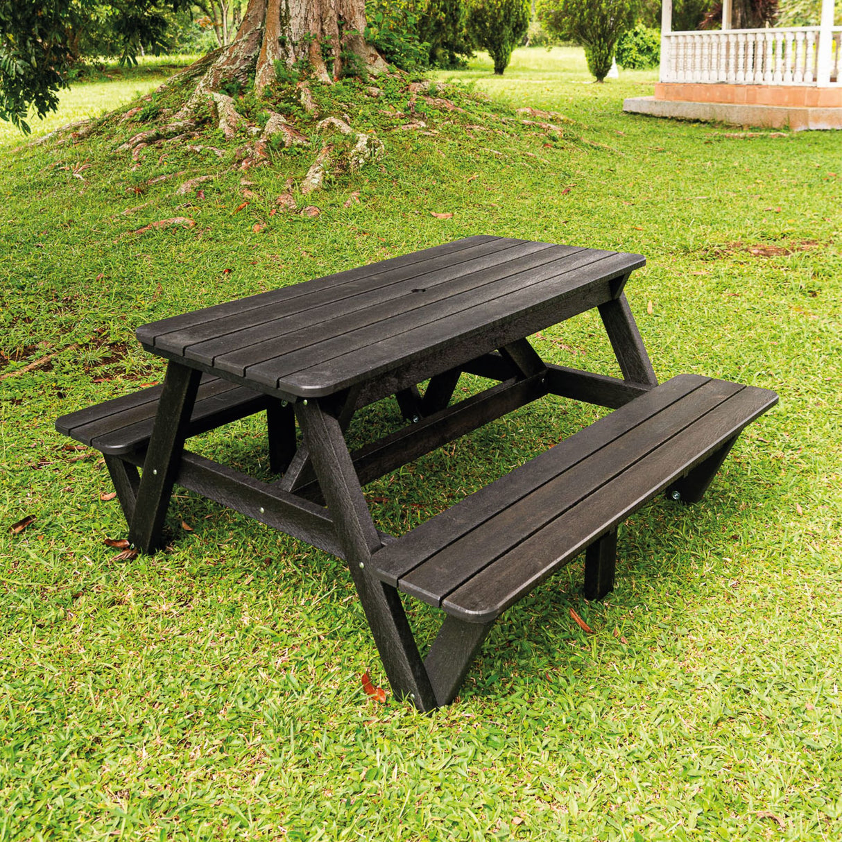 Mesa de Picnic Eucalipto Negro 150x75cm Rectangular de Seis Puestos con Dos Sillas - MESAS DE EXTERIOR | Bylmo