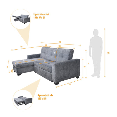 Sofá en L Atlas Gris 220x92cm De Tres Puestos Reclinable con Almacenamiento Derecho y con Apoya Brazos - SOFAS Y POLTRONAS | Bylmo