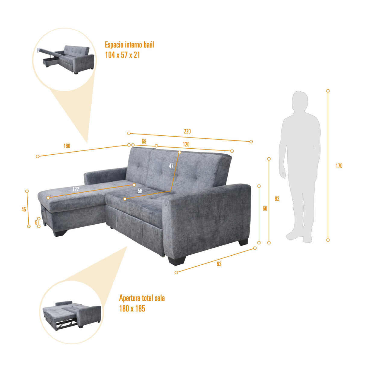Sofá en L Atlas Gris 220x92cm De Tres Puestos Reclinable con Almacenamiento Derecho y con Apoya Brazos