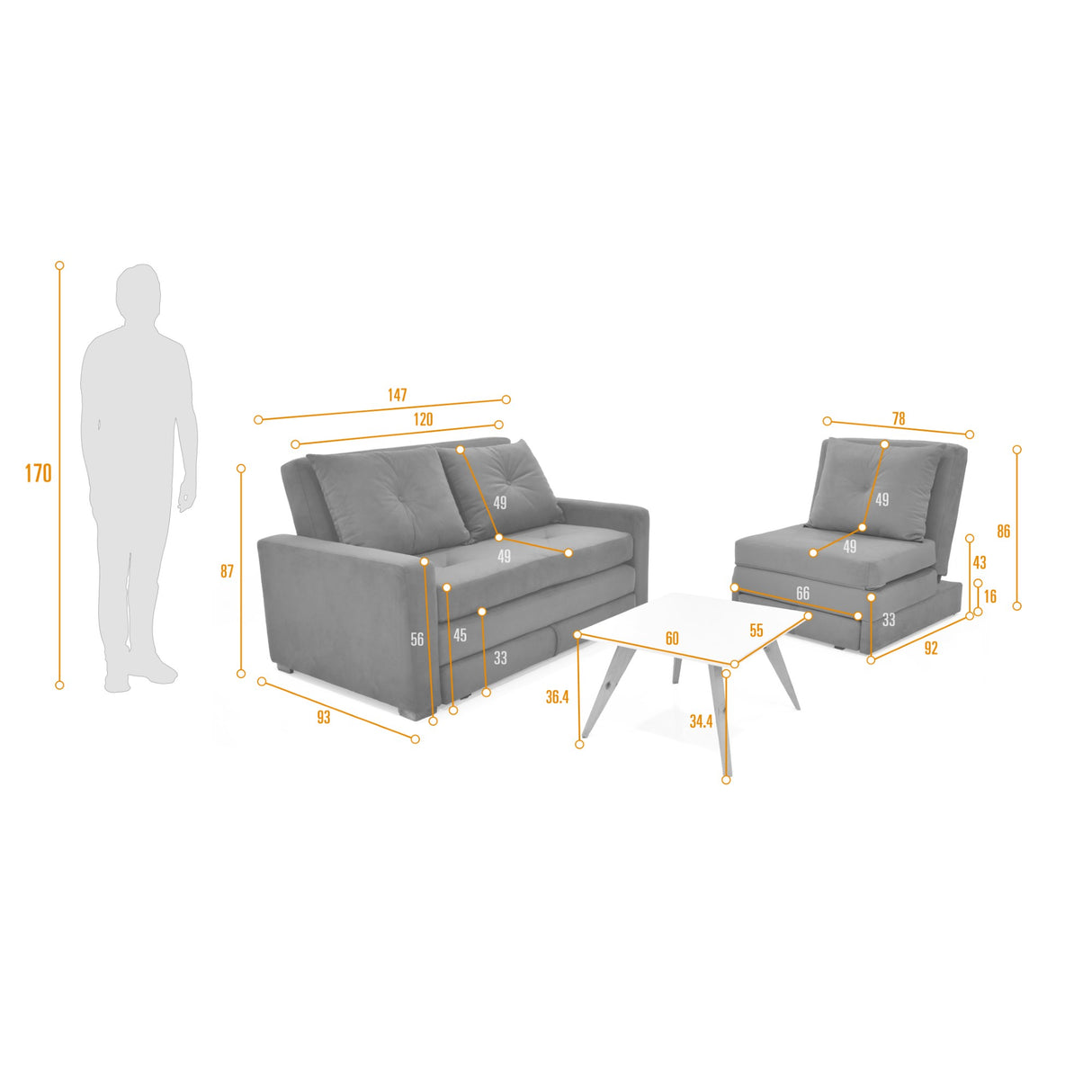Sala Torino Gris y Blanco Natural 147x87cm con Sofacama Poltrona y Mesa de Centro - SOFAS Y POLTRONAS | Bylmo