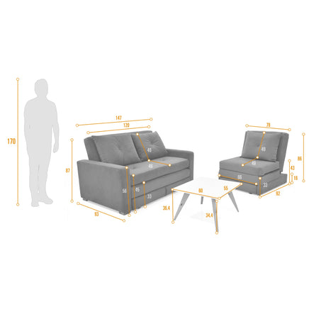 Sala Torino Gris y Blanco Natural 147x87cm con Sofacama Poltrona y Mesa de Centro - SOFAS Y POLTRONAS | Bylmo