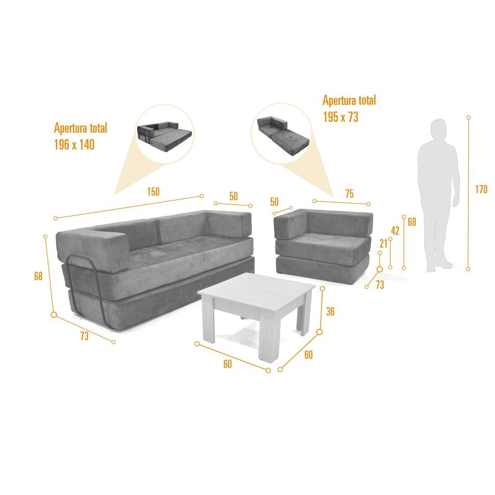 Sala Nablus Plata 196x68cm con Sofacama Poltrona y Mesa de Centro - SOFAS Y POLTRONAS | Bylmo
