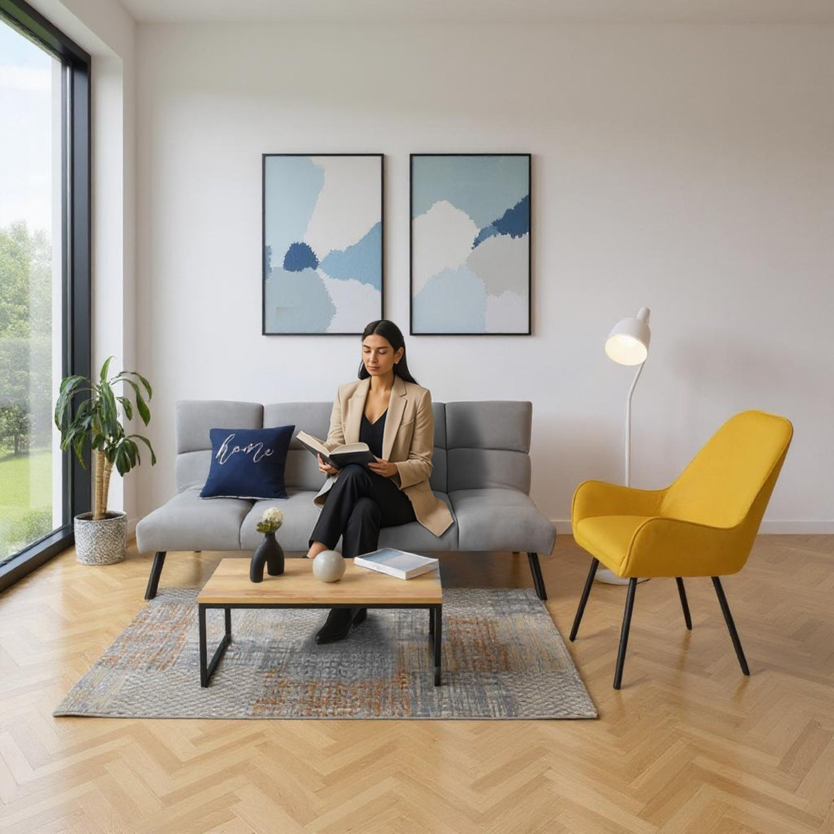 Sala Nivala Plata y Mostaza 187x83cm De Cuatro Puestos Reclinable y sin Apoya Brazos - SOFAS Y POLTRONAS | Bylmo