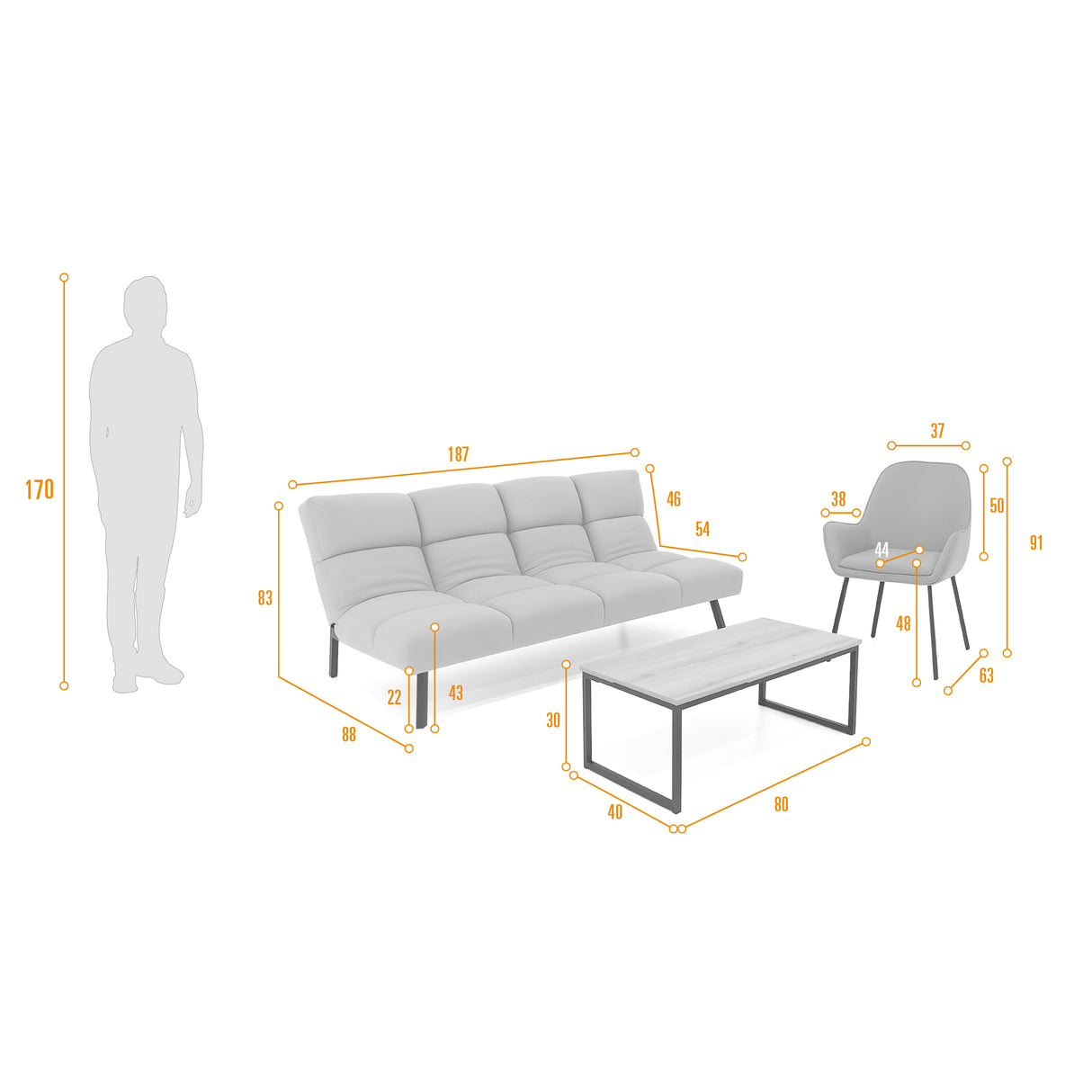Sala Nivala Plata y Mostaza 187x83cm De Cuatro Puestos Reclinable y sin Apoya Brazos - SOFAS Y POLTRONAS | Bylmo