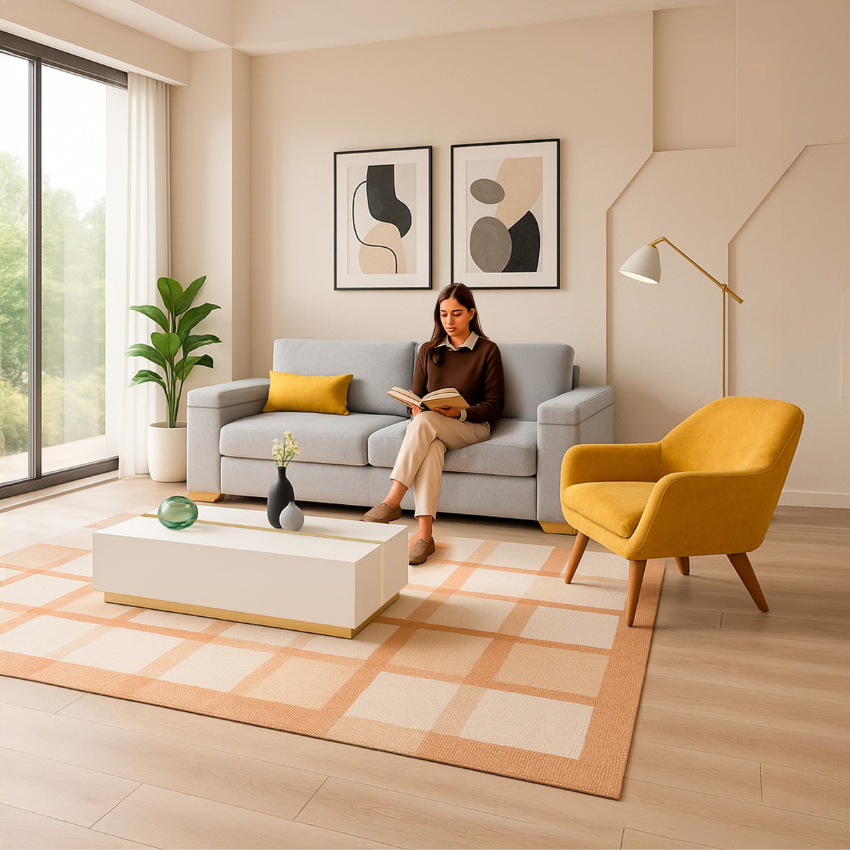 Sala Montenegro Plata y Mostaza 207x82cm con Sofacama Poltrona y Mesa de Centro - SOFAS Y POLTRONAS | Bylmo