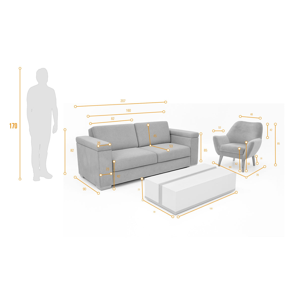 Sala Montenegro Plata y Mostaza 207x82cm con Sofacama Poltrona y Mesa de Centro - SOFAS Y POLTRONAS | Bylmo