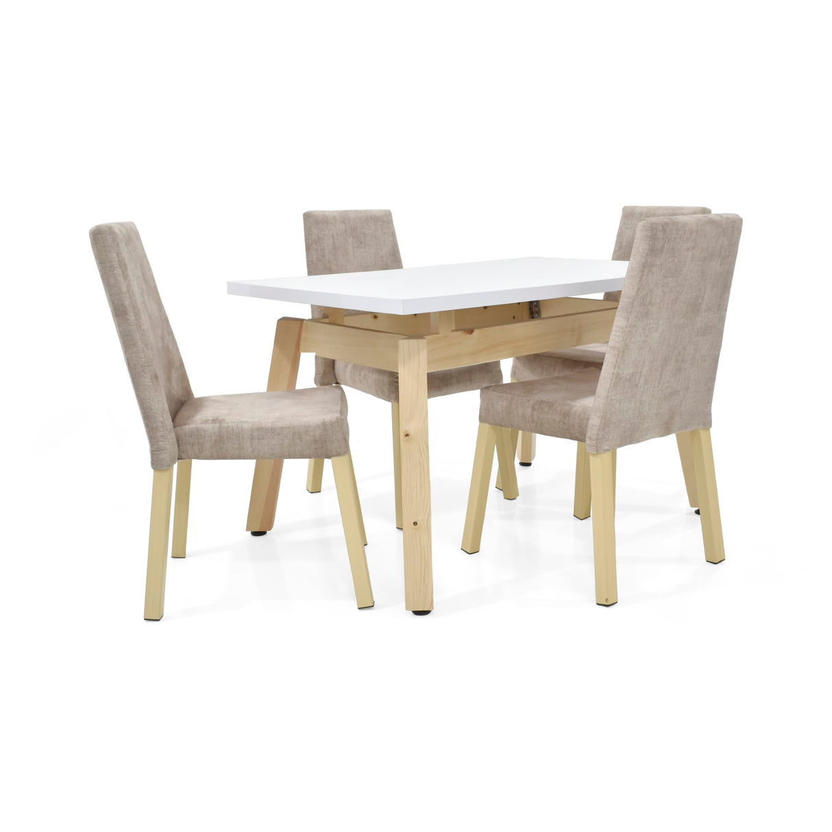 Set Comedor Tyrone Blanco Natural 120x76cm Cuadrado de Cuatro Puestos con Cuatro Sillas Viena Beige - COMEDORES | Bylmo