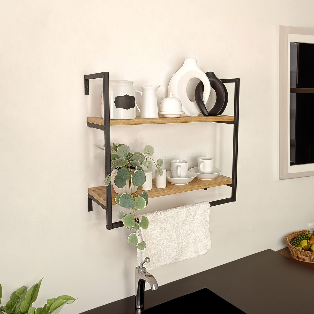 Repisa Biella Madera Natural y Negro 48x43cm con Dos Entrepaños - REPISAS | Bylmo