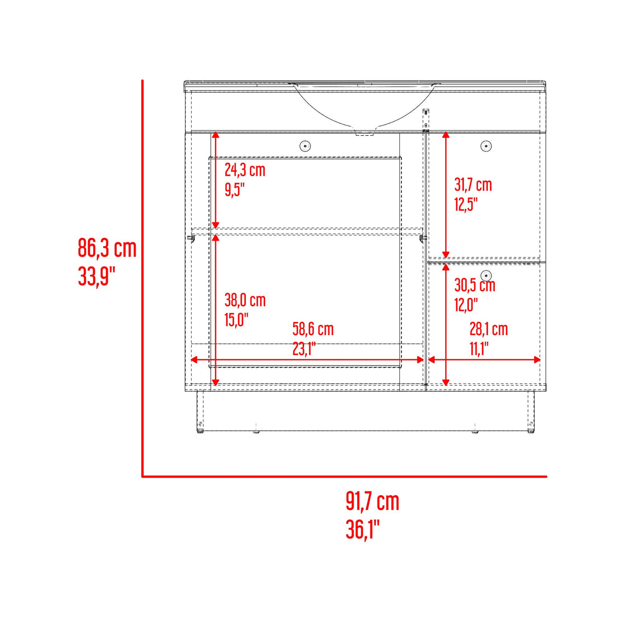 Mueble para Lavamanos Baluarte Blanco 91.7x86.3cm Individual con Lavamanos Empotrado y con Tres Puertas - MUEBLES PARA LAVAMANOS | Bylmo