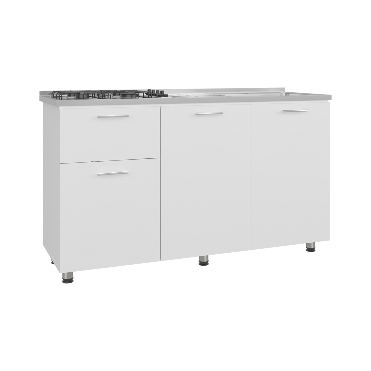 Mueble Inferior de Cocina Creta Blanco 150x88cm con Mesón de Acero Inoxidable Lado Izquierdo y con Estufa - MUEBLES INFERIORES DE COCINA | Bylmo