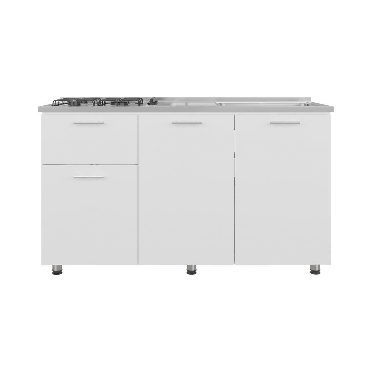 Mueble Inferior de Cocina Creta Blanco 150x88cm con Mesón de Acero Inoxidable Lado Izquierdo y con Estufa - MUEBLES INFERIORES DE COCINA | Bylmo