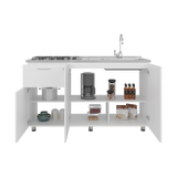 Mueble Inferior de Cocina Creta Blanco 150x88cm con Mesón de Acero Inoxidable Lado Izquierdo y con Estufa - MUEBLES INFERIORES DE COCINA | Bylmo
