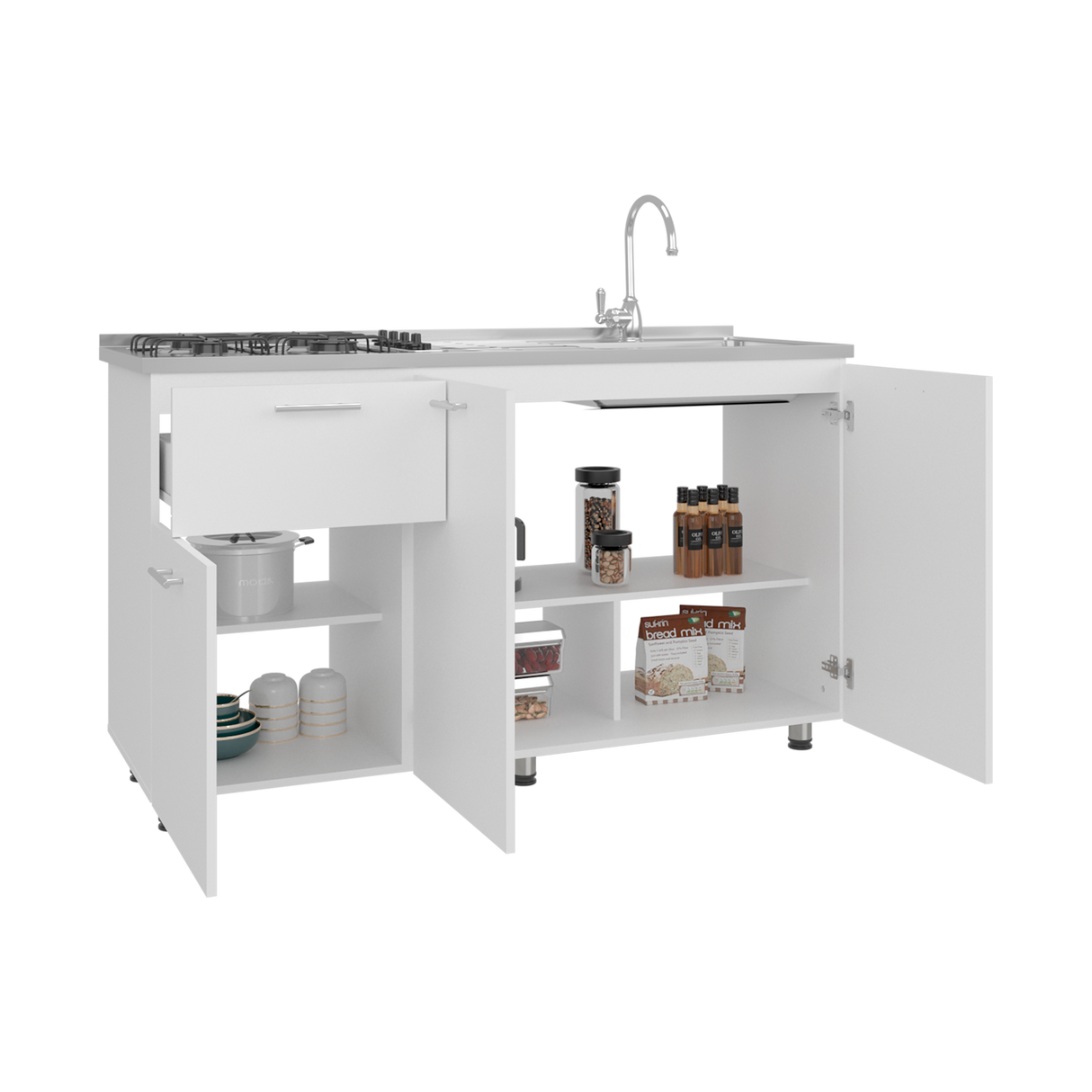 Mueble Inferior de Cocina Creta Blanco 150x88cm con Mesón de Acero Inoxidable Lado Izquierdo y con Estufa - MUEBLES INFERIORES DE COCINA | Bylmo
