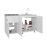 Mueble Inferior de Cocina Creta Blanco 150x88cm con Mesón de Acero Inoxidable Lado Izquierdo y con Estufa - MUEBLES INFERIORES DE COCINA | Bylmo