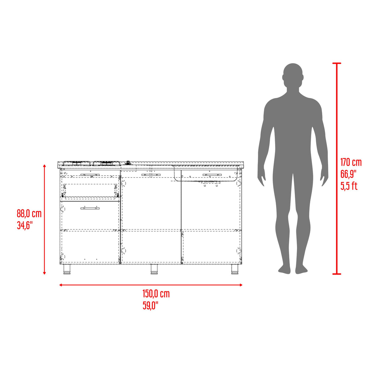 Mueble Inferior de Cocina Creta Blanco 150x88cm con Mesón de Acero Inoxidable Lado Izquierdo y con Estufa - MUEBLES INFERIORES DE COCINA | Bylmo