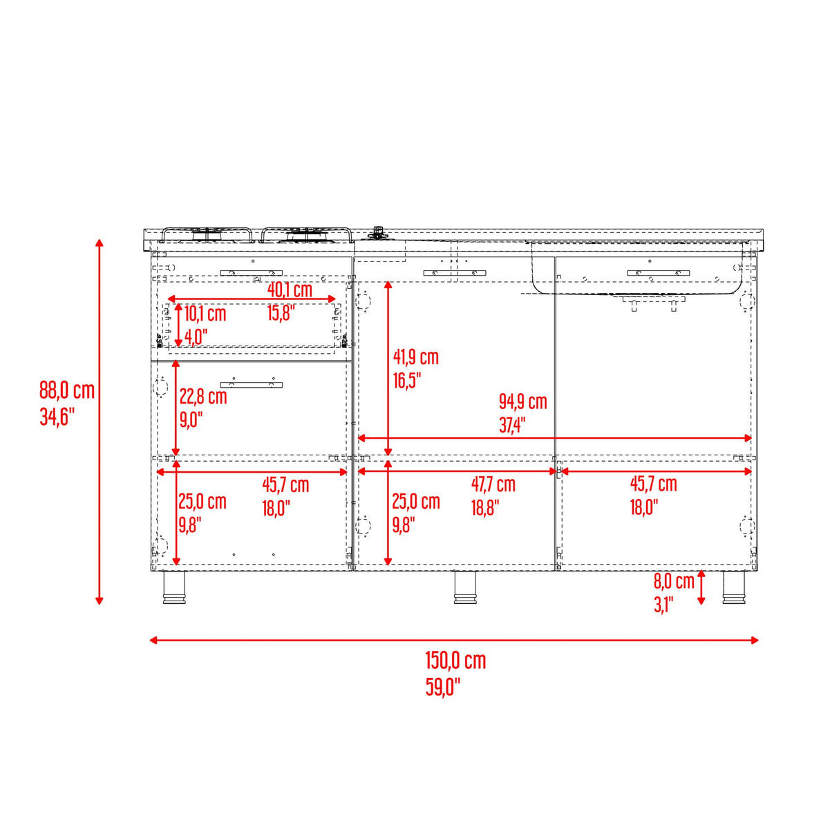 Mueble Inferior de Cocina Creta Blanco 150x88cm con Mesón de Acero Inoxidable Lado Izquierdo y con Estufa - MUEBLES INFERIORES DE COCINA | Bylmo
