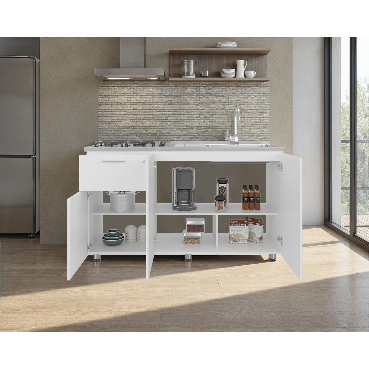 Mueble Inferior de Cocina Creta Blanco 150x88cm con Mesón de Acero Inoxidable Lado Izquierdo y con Estufa - MUEBLES INFERIORES DE COCINA | Bylmo