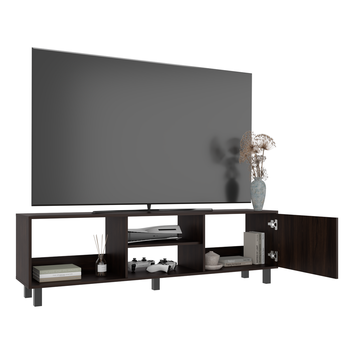 Rack de TV Tunez Nogal 160x47.5cm Para TV Hasta 70" Pulgadas con Cuatro Compartimientos y Ranuras para Cable - MUEBLES DE TV | Bylmo