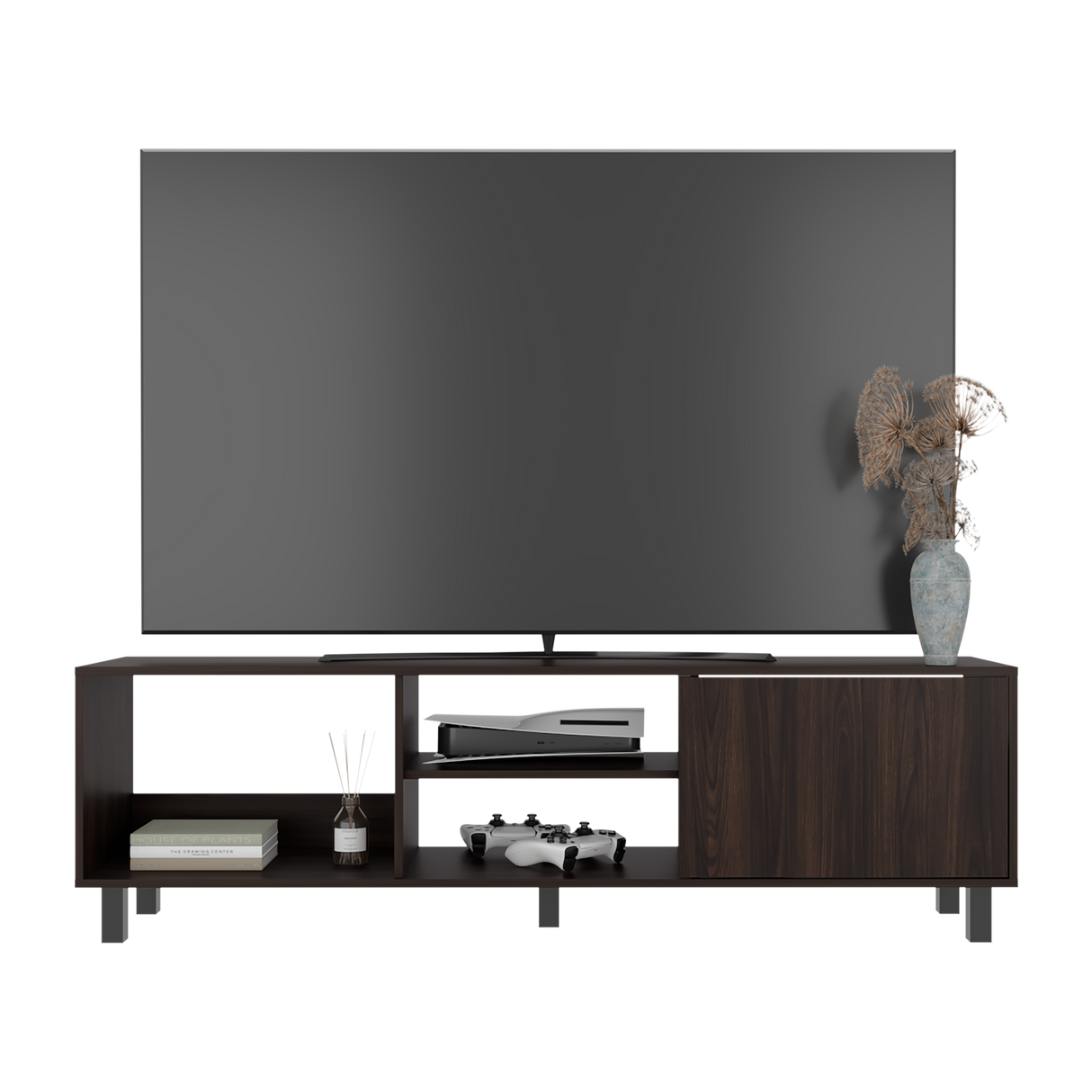 Rack de TV Tunez Nogal 160x47.5cm Para TV Hasta 70" Pulgadas con Cuatro Compartimientos y Ranuras para Cable - MUEBLES DE TV | Bylmo