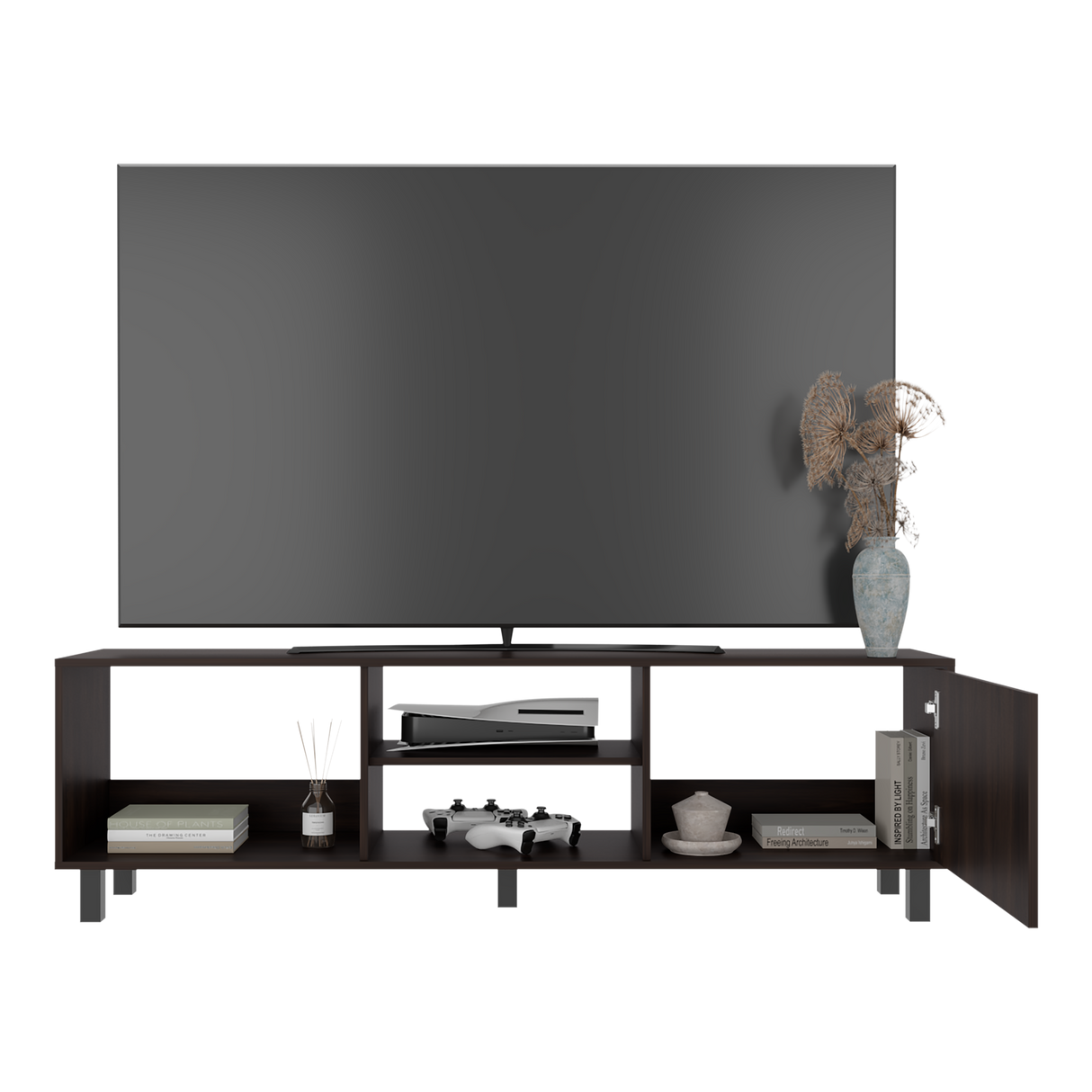 Rack de TV Tunez Nogal 160x47.5cm Para TV Hasta 70" Pulgadas con Cuatro Compartimientos y Ranuras para Cable - MUEBLES DE TV | Bylmo