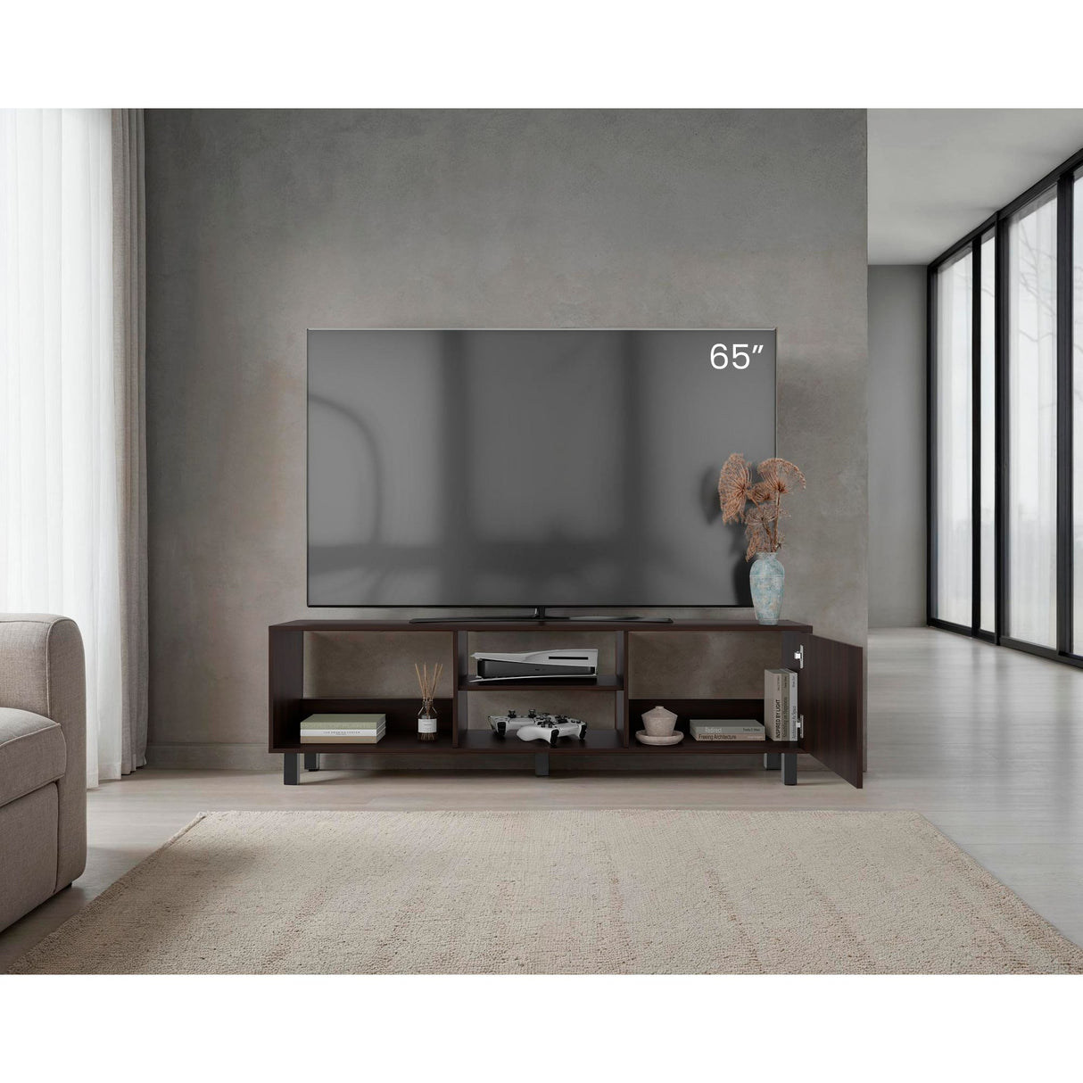 Rack de TV Tunez Nogal 160x47.5cm Para TV Hasta 70" Pulgadas con Cuatro Compartimientos y Ranuras para Cable - MUEBLES DE TV | Bylmo