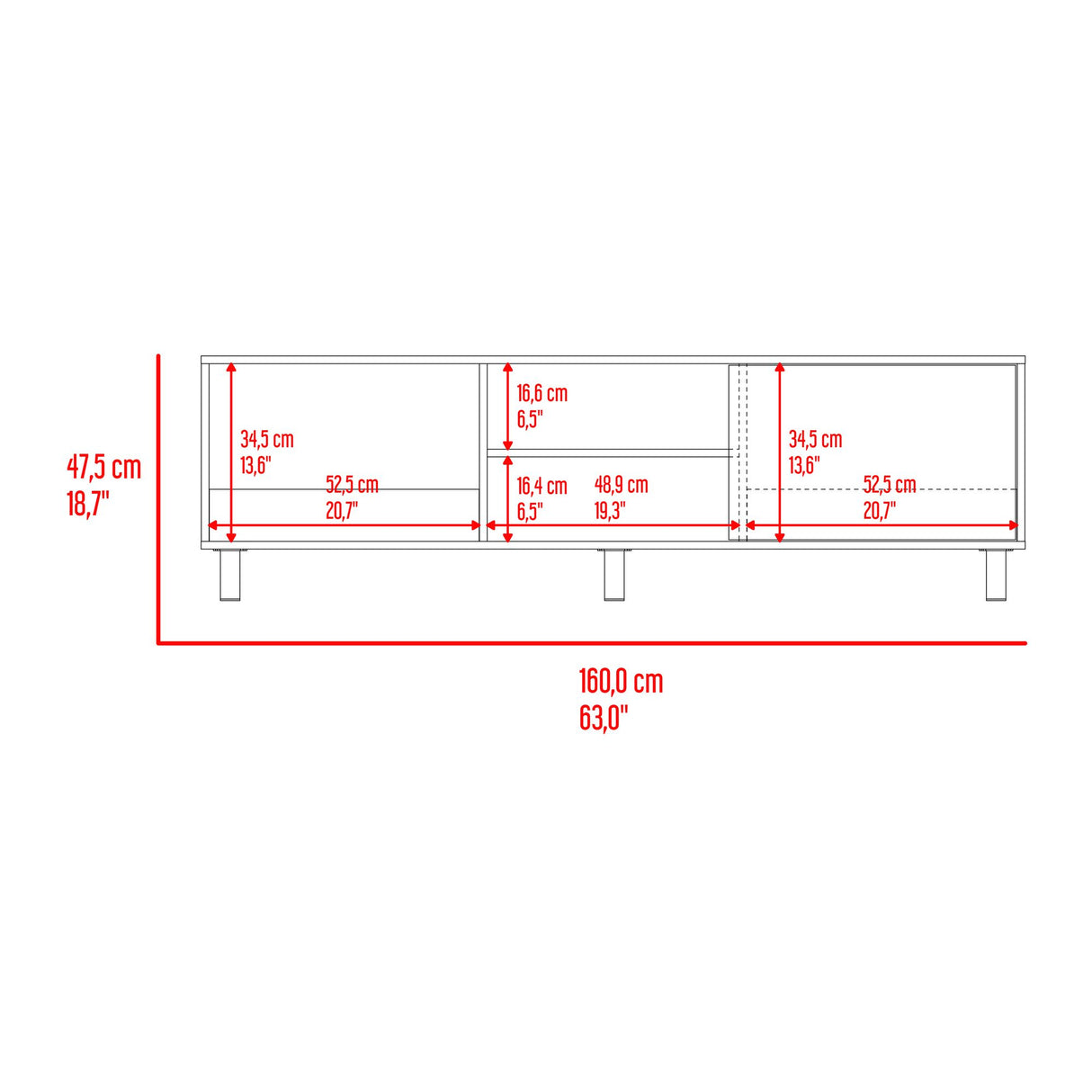 Rack de TV Tunez Nogal 160x47.5cm Para TV Hasta 70" Pulgadas con Cuatro Compartimientos y Ranuras para Cable - MUEBLES DE TV | Bylmo