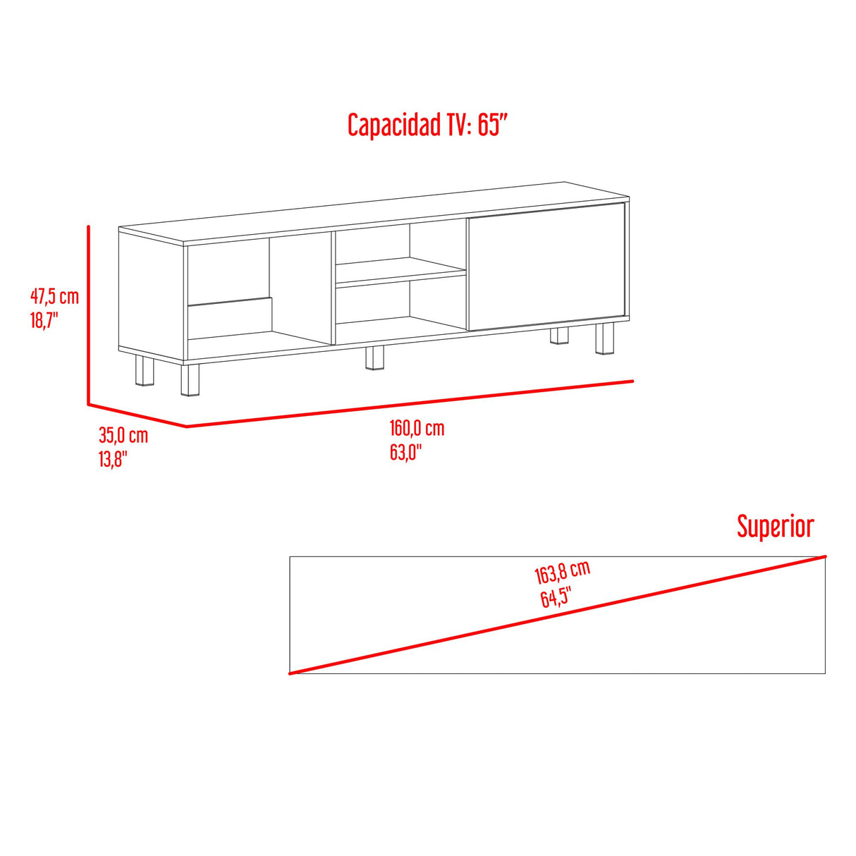 Rack de TV Tunez Nogal 160x47.5cm Para TV Hasta 70" Pulgadas con Cuatro Compartimientos y Ranuras para Cable - MUEBLES DE TV | Bylmo