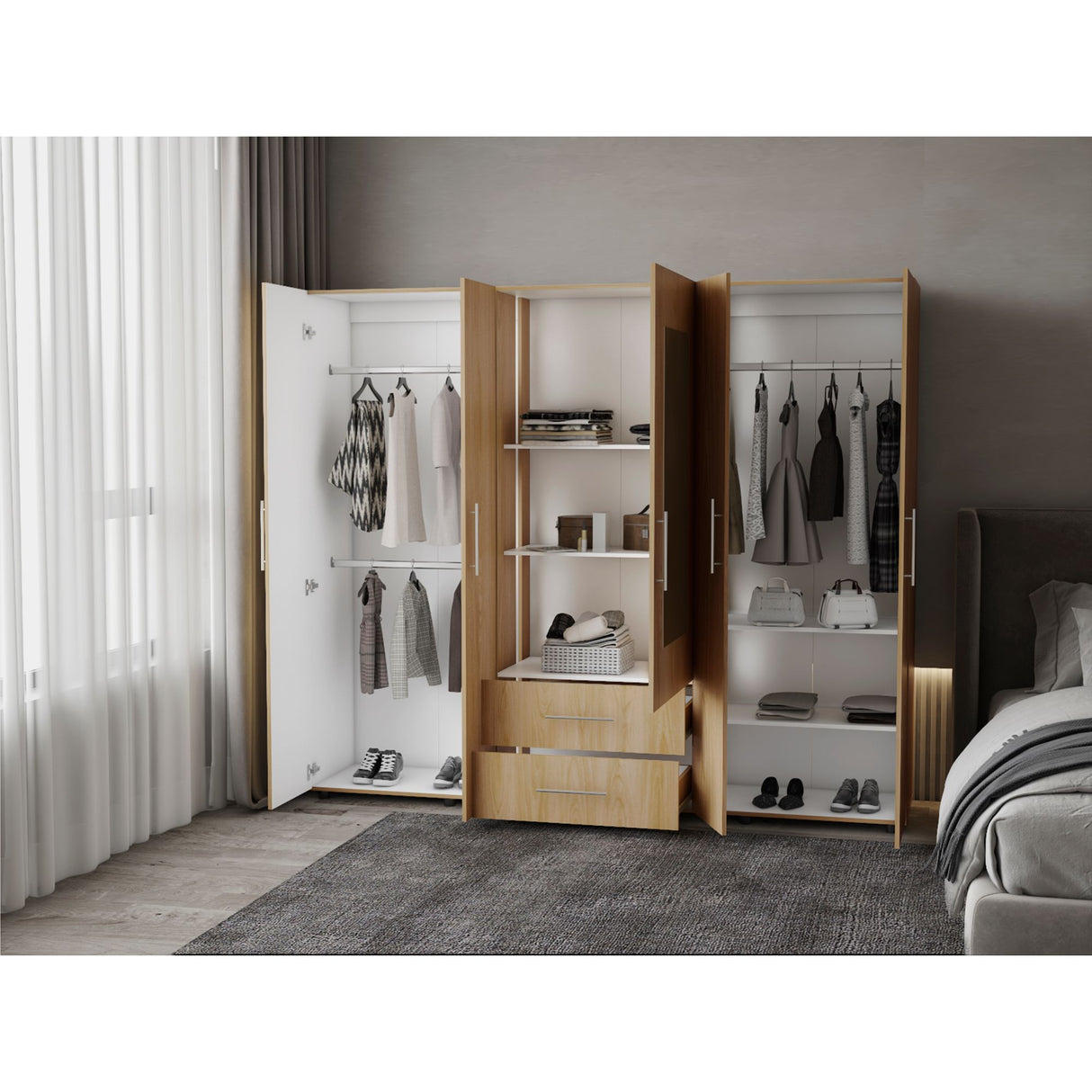 Closet Grayson Fresno Europeo 230x200cm con Dos Cajones con Cinco Puertas y con Espejo - CLOSETS | Bylmo