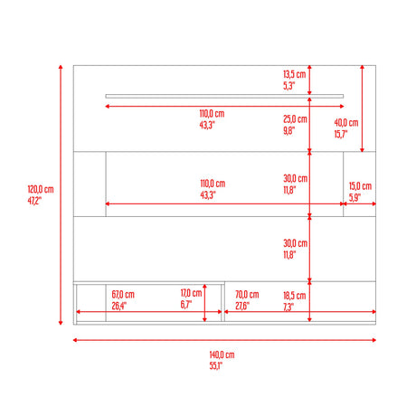 Panel de TV Beijing Fresno Europeo y Blanco 140x120cm Flotante para TV Hastas 55" Pulgadas con Dos Compartimientos y Ranuras para Cable - MUEBLES DE TV | Bylmo