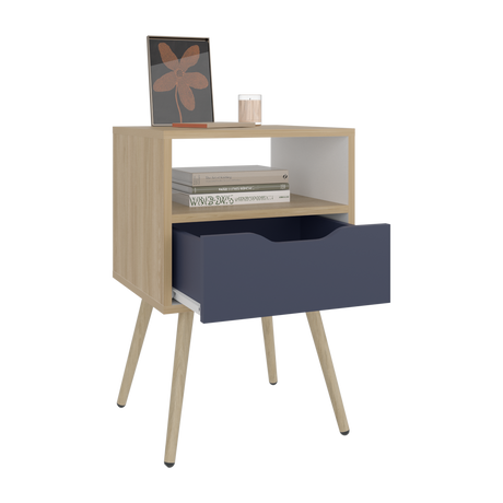 Mesa de Noche Otom Fresno Europeo y Blanco 40x63cm con Un Cajón y Dos Compártimientos - MESAS DE NOCHE | Bylmo