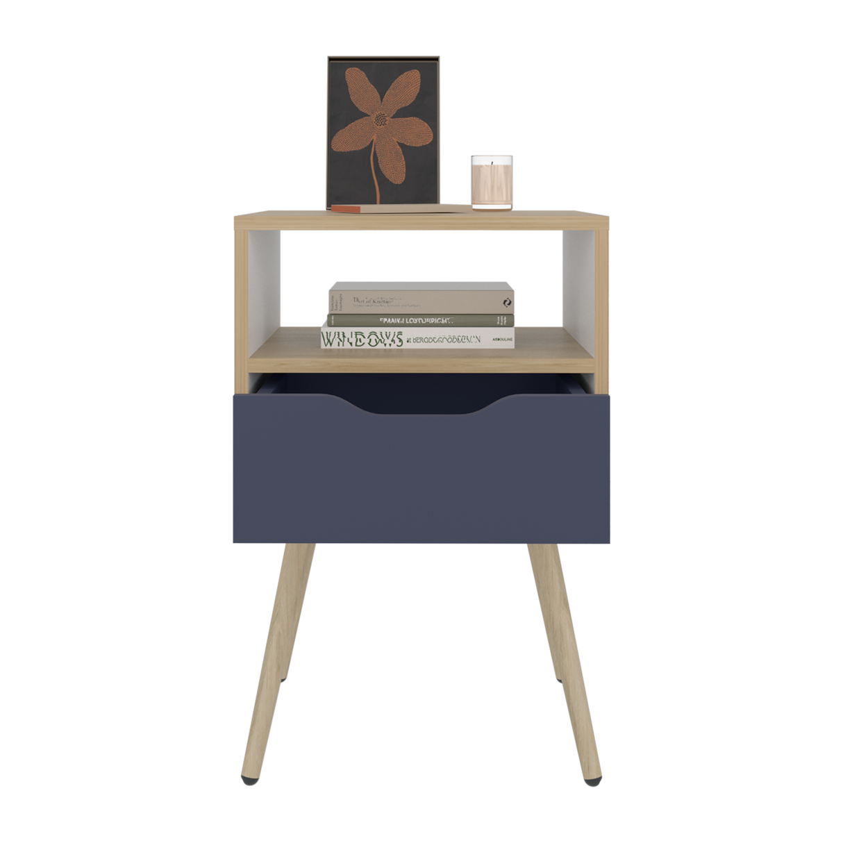 Mesa de Noche Otom Fresno Europeo y Blanco 40x63cm con Un Cajón y Dos Compártimientos - MESAS DE NOCHE | Bylmo