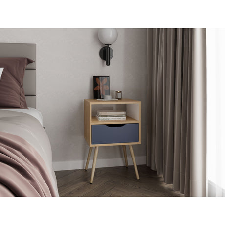 Mesa de Noche Otom Fresno Europeo y Blanco 40x63cm con Un Cajón y Dos Compártimientos - MESAS DE NOCHE | Bylmo