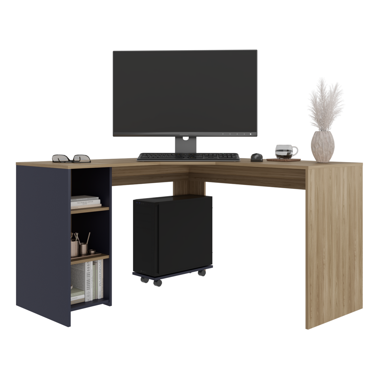 Escritorio En L Baggio Fresno Y Blanco 130x76.5cm Con Entrepaños Y Con Base Para Torre Con Rodachines - ESCRITORIOS | Bylmo