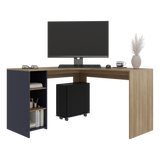 Escritorio En L Baggio Fresno Y Blanco 130x76.5cm Con Entrepaños Y Con Base Para Torre Con Rodachines - ESCRITORIOS | Bylmo