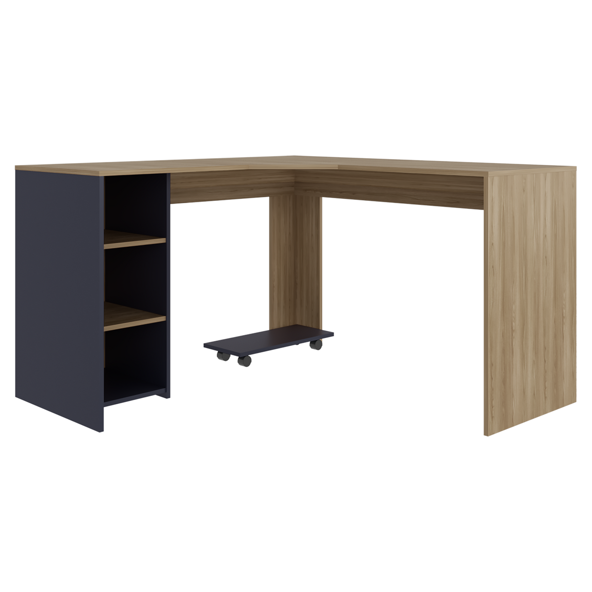 Escritorio En L Baggio Fresno Y Blanco 130x76.5cm Con Entrepaños Y Con Base Para Torre Con Rodachines - ESCRITORIOS | Bylmo